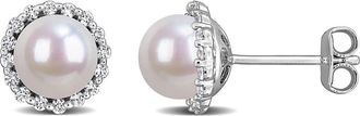 Delmar Sterling Silver Cultured Pearl & Lab Grown White Sapphire Halo Stud Earrings at Nordstrom Rack