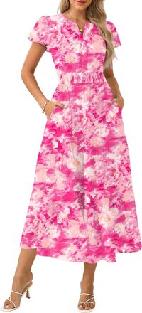 Grace Karin Women Elegant Maxi Summer Dress Short Sleeve V Neck Floral Dress A Linie Wedding Dresses Rose Pink XXL