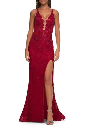 La Femme Long Lace Dress with Plunging Neckline in Red at Nordstrom, Size 00