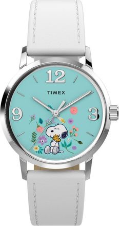 Timex Peanuts x Timex Marlin Flower Dial 38mm Leather Strap Watch in Blue/Silver-Tone at Nordstrom
