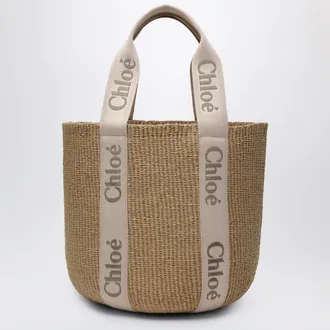 Chlo&eacute; Large Woody basket bag in paper and calfskin beige