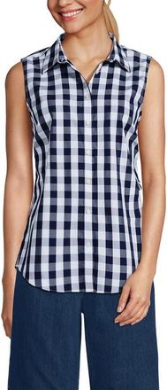 Lands End Sleeveless No Iron Shirt in Deep Sea Gingham at Nordstrom, Size X-Large P
