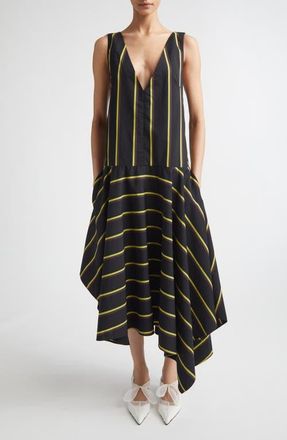 Proenza Schouler Beatriz Stripe Asymmetric Midi Dress in Black Multi at Nordstrom, Size 10