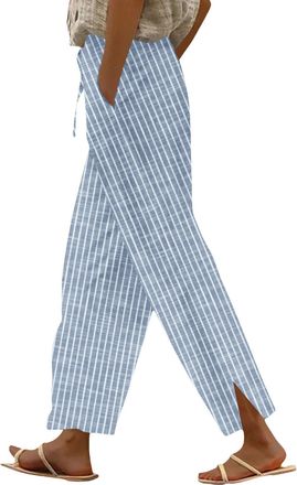Generic Womens Linen Trousers Elasticated High Waist Trousers Stripe Print Straight Wide Leg Pants with Pockets and Drawstring Casual Loose Breathable Lightwe