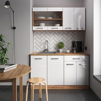 Vicco Cocina Para Solteros R-line, Blanco Brillo Intenso/roble Dorado, 140 Cm Sin Encimera