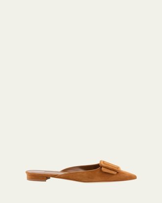 Manolo Blahnik Maysale Suede Buckle Ballerina Mules
