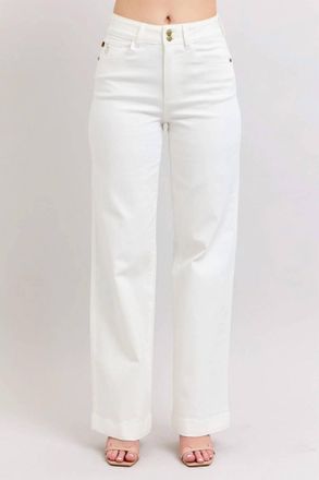 Judy Blue High Waist Double Button Waistband & Coin Pocket Embroidery Jeans In White
