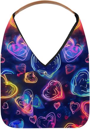 Generic Love Hearts Neon Pattern Reusable Lightweight Grocery Bags - Foldable Into Compact Pouch, Washable & Sturdy, Multipurpose for Shopping and Travel