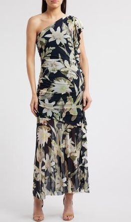Chelsea28 Drape Ruffle One-Shoulder Maxi Dress in Navy- Green Island Floral at Nordstrom Rack, Size Medium