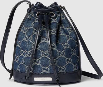 Gucci Mini Bucket Bag With Gucci Plaque, Blue, Fabric