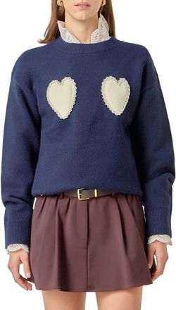 English Factory Faux Pearl Heart Crewneck Sweater in Navy at Nordstrom, Size X-Small