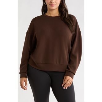 Zella Soft Luxe Boxy Knit Crew Sweatshirt in Brown Mole at Nordstrom, Size 1X