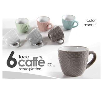 Trade Shop Kaela - Set 6pz Tazzine Caffe Senza Piattino Colori Assortiti Decoro Caffe 100cc 723506