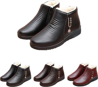 Generic Womens Short Ankle Boots Side Zipper Low Heel Soft Leather Boots Winter Warm Fur Lined Thickening Snow Boot with Sparkling Rhinestones Ladies Waterpro