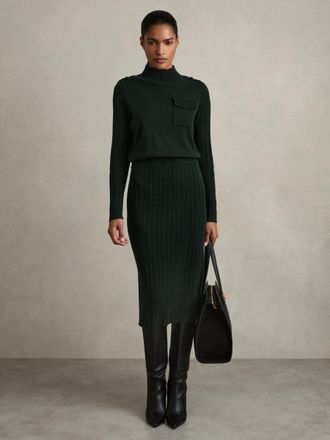 Reiss Womens Dark Khaki Wool Knitted Midi Dress, Size: L