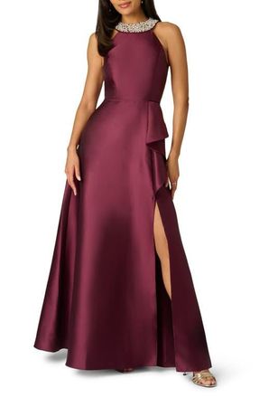 Adrianna Papell Embellished Neck Mikado Gown in Deep Wine at Nordstrom, Size 10