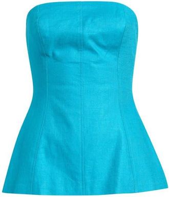 Topshop Strapless Linen Blend Peplum Top in Turquoise at Nordstrom, Size 12 Us