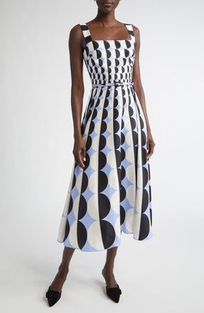 Oscar De La Renta Geo Print Silk Twill Belted Midi Dress in Black/Blue at Nordstrom, Size 12