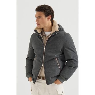 Brunello Cucinelli Bonded wool flannel down jacket with detachable hood in Dark Grey at Nordstrom, Size Xxx-Large