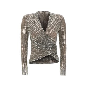 Self Portrait Grey Rhinestone Mesh Wrap Top