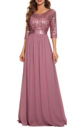 Ever-pretty Womens Elegant 3/4 Sleeves Sequin Empire Waist A Line Chiffon Mother of The Bride Dresses Orchid 24UK