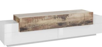 Dmora Mobile Porta Tv Arold, Credenza Bassa Da Soggiorno, Base Porta Televisione, 100% Made In Italy, Cm 200x45h52, Bianco Lucido E Acero