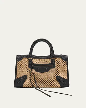Balenciaga Le City Woven Leather-Trim Top-Handle Bag