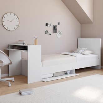 IDMarket Cama Individual Omaha De 90 X 190 Cm Con Somier, Cabecero, Escritorio Y Armarios Blancos