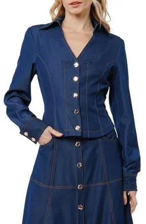 Ciebon Kaylee Princess Seam Denim Button-Up Shirt in Navy at Nordstrom Rack, Size X-Small