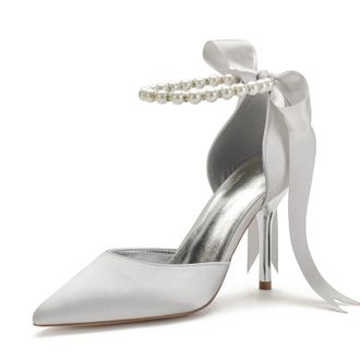 Miyoopark Wedding and Evening Shoes for Women Prom Pumps with Ribbon M532 Silver UK 8.5