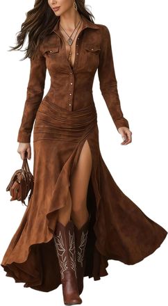 Generic Women Button Down Maxi Dress Suede V Neck Button Down Long Sleeve Maxi Dress Fishtail Hem Boho Western Dresses (Brown,S)