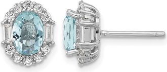Diamond2Deal Sterling Silver Rhodium-plated Blue & White and Emerald-cut CZ Oval Stud Earrings