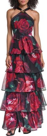 Karl Lagerfeld Floral Halter Neck Tiered Gown in Black Multi at Nordstrom, Size 14