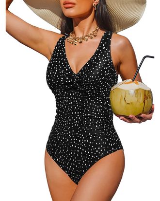 Holipick Women Tummy Control One Piece Swimsuit - Push Up Bathing Suit Full Coverage Slimming Swimwear, Black Dot, XL