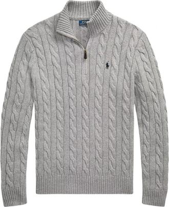 Ralph Lauren Kabelgebreide katoenen trui met korte rits - Heren - Coltruien - Grijs - L - Katoen - Truien & Vesten