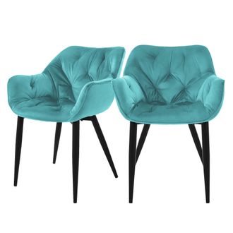 ML Design Ml-design - Set 2x Sillas De Comedor Con Respaldo Y Reposabrazos Asiento Ergon&oacute;mico Acolchado Tapizado De Terciopelo Azul Petr&oacute;leo, Patas De Metal Sil