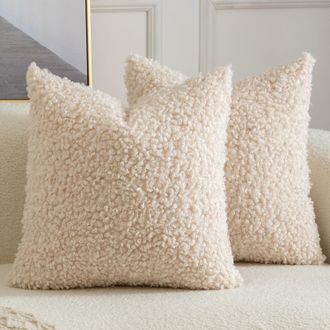 OEM Juego De 2 Fundas Decorativas De Coj&iacute;n De Piel Sint&eacute;tica, Suaves Y Mullidas, Tipo Sherpa, Para Sof&aacute;, Cama Y Sal&oacute;n, 45 X 45 Cm, Color Beige