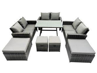 Fimous 10 Seater Outdoor Dining Table Double Seat Sofa 4 Stools Set in Dark Grey