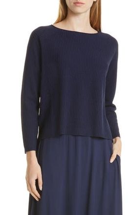 Eileen Fisher Boat Neck Raglan Sleeve Merino Wool Rib Sweater in Midnight at Nordstrom Rack, Size Large