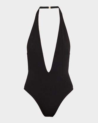 Tom Ford Plunging Halter Jersey One-Piece Swimsuit