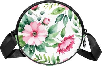 Generic Circle Crossbody Bag for Women, Floral Leaves Small Sling Bag Daypack with Zipper Adjustable Shoulder Straps Casual Ladies Girls Round Purse