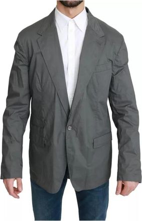 Dolce & Gabbana Slim Fit Katoenen Blazer met Logo Details - Heren - Blazers - Grijs - 3XL - Katoen - Jassen