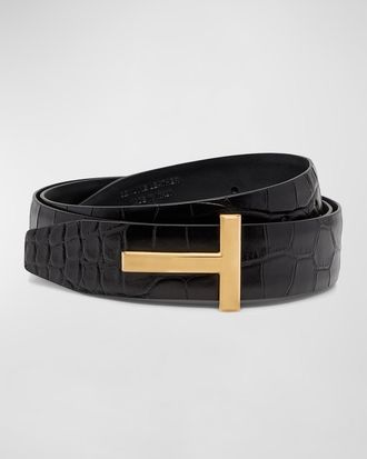 Tom Ford T Buckle Croc-Embossed Patent Belt