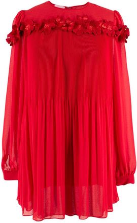 Giambattista Valli Red Floral Embroidered Pleated Blouse Size XXS