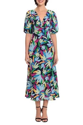 Donna Morgan Short Sleeve Leaf Print Midi Dress In Navy Light Blue