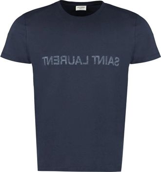 Saint Laurent Cotton Jersey T-Shirt met Logo in Reli&euml;f - Heren - T-shirts - Blauw - M - Katoen - Tops