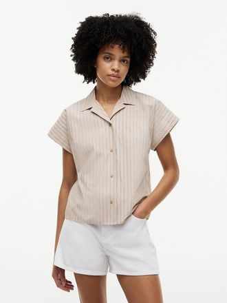 Tommy Hilfiger Womens Striped Poplin Camp Shirt - Clayed Pebble - XS
