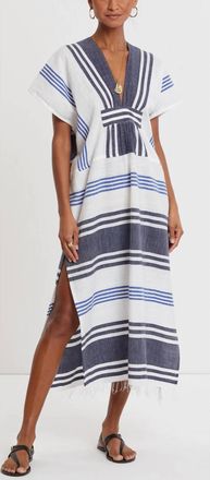 Lemlem Gasira V-Neck Caftan Midi Dress In Marina Blue