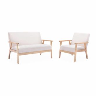 Sweeek Banco y sill&oacute;n borreguito y madera de caucho, borreguito blanco