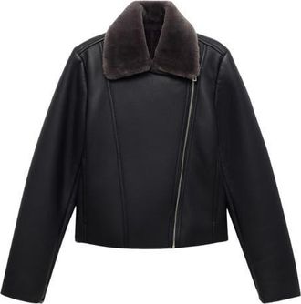 Mango Faux Fur Collar Faux Leather Biker Jacket in Black at Nordstrom, Size Xx-Small